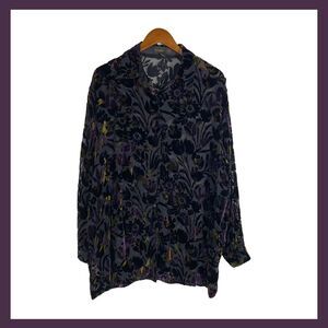 Vintage Burnout Velvet Blouse Button Down Black Purple Green Floral Size XL Y2K